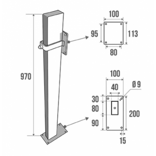 Poteau de fixation hors cloison, pour barre relevable 048400 Schéma