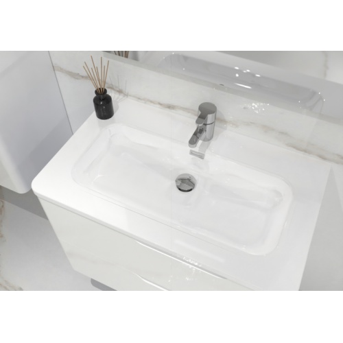 Meuble vasque LUNA Blanc brillant 80 cm avec miroir rond Perle LUNA-80-blanc-vasque