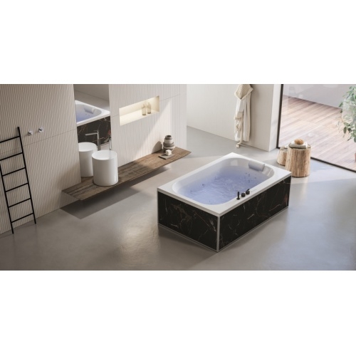 Baignoire premium BOSSANOVA 185x120 Bossanova_tablier marbre noir et cuivre_robinetterie noire