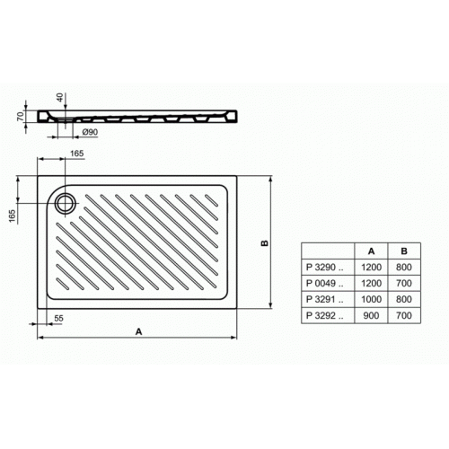 Receveur de douche ULYSSE+ en céramique - 90x70cm Porcher_P0049-P3290-P3291-P3292