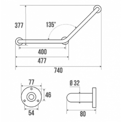 Barre d'appui coudée 135° Inox poli brillant - 3 points de fixation 000135 Schéma