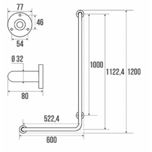 Barre d'appui d'appui en L Inox poli brillant - Droite 000181 Schéma