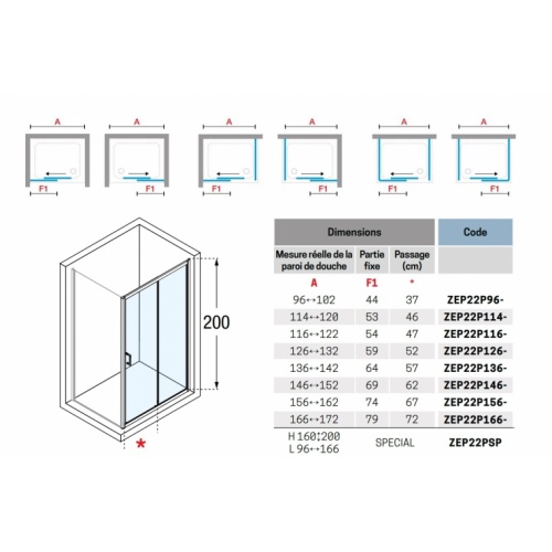 Paroi de douche coulissante ZEPHYROS 2.0 2P - Chromé - Transparent - 100cm ZEPHYROS 2 0 2P Schéma