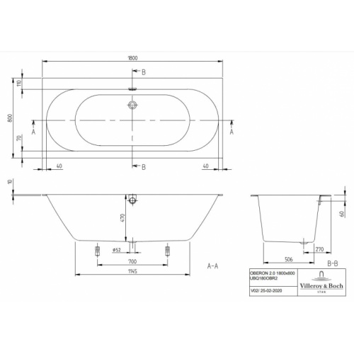 Baignoire OBERON 2.0 Duo 180x80 cm - SANS tablier UBQ180OBR2DV Schéma