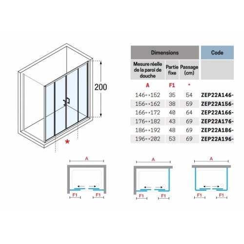 Paroi coulissante ZEPHYROS 2.0 2A Transparent - Silver - 150cm ZEPHYROS 2 0 2A Schéma