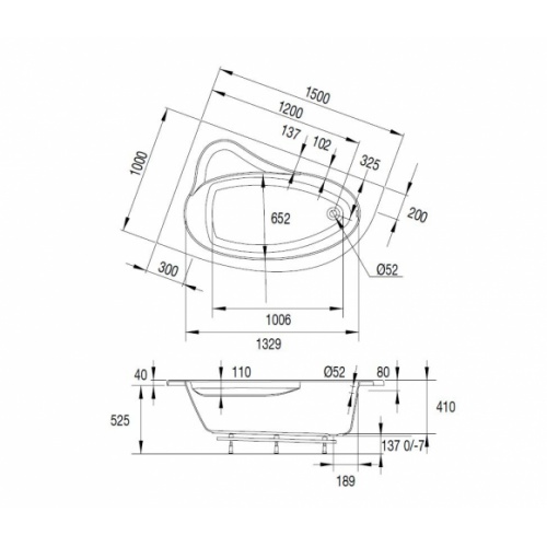 Baignoire d'angle gain de place ARCHIPEL 150x100 cm - Version gauche 674900 001 87 Schéma