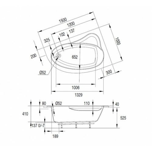 Baignoire d'angle gain de place ARCHIPEL 150x100 cm - Version droite 674800 001 87 schéma