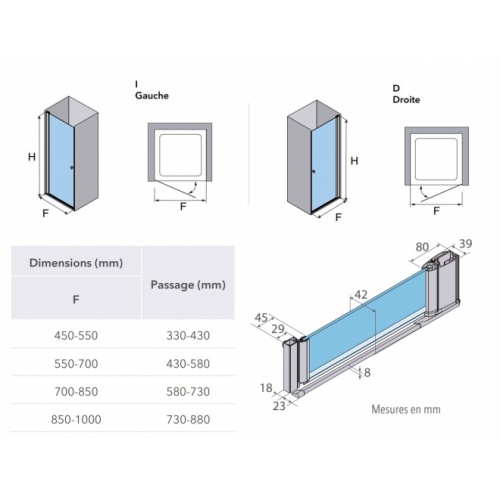 Porte battante ARCOIRIS PLUS AC-210 Verre Satiné Whole - Gauche - Argent - 50cm AC-210 Schéma