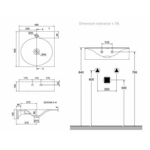 Lavabo suspendu VEIL 46 6101 Schéma