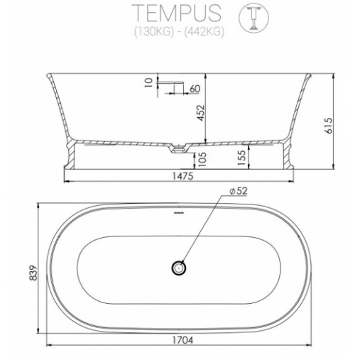 Baignoire en Acrystone TEMPUS Blanc mat TEMPUS Schéma