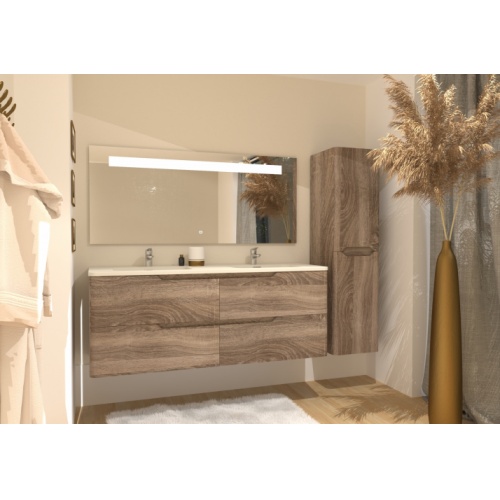 Meuble double vasque LUNA Bois Foncé 140cm avec miroir KATHY