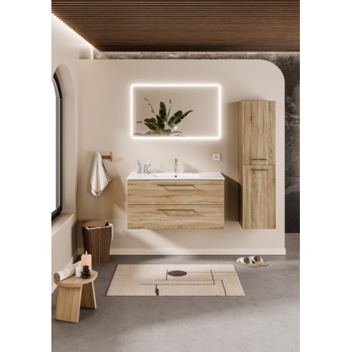 Meuble NEPTUNE Bois Clair 100 - Vasque centrée - Miroir Reflet