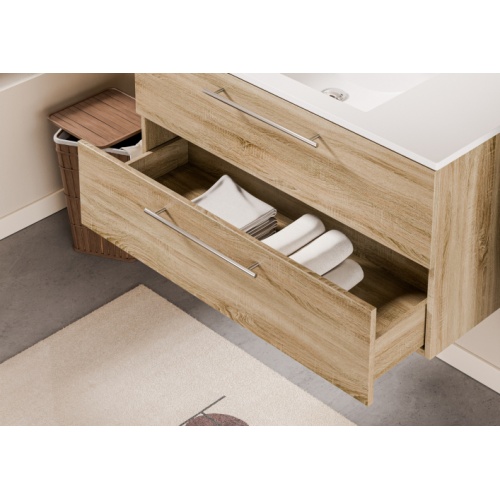 Meuble NEPTUNE Bois Clair 100cm -Vasque Centrée - Miroir Slim Neptune 100 - Tiroir - Bois clair