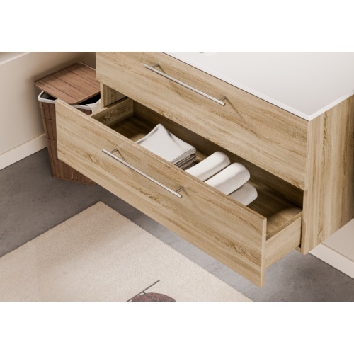 Meuble NEPTUNE Bois Clair 100cm - Vasque à Gauche - Miroir Slim Neptune 100D - Tiroir - Bois clair