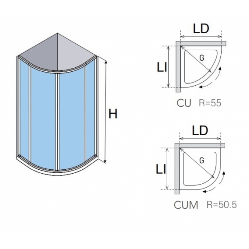 Paroi courbe 1/4 rond CUMUS 90x90cm Parois CUMUS CUSchéma