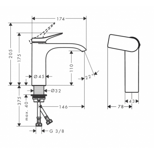 Mitigeur de lavabo VIVENIS 110 CoolStart sans tirette ni vidage Noir Mat 75024700 VIVENIS Schéma