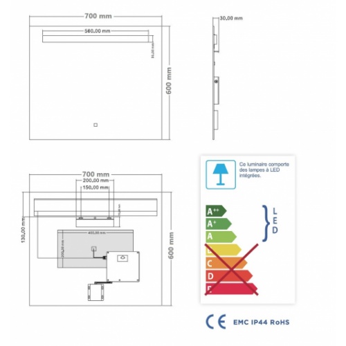 Miroir éclairant KATHY - 70x60 cm KATHY 70 Schéma Miroir éclairant KATHY - 70x60 cm KATHY 70 Schéma
