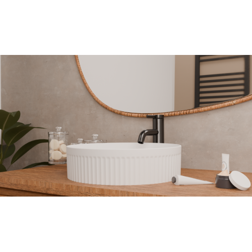 Vasque à poser cannelée BEYOND Ø 40 cm Blanc brillant Vasque1-Sanitaire - Vue diagonale côté Vasque à poser cannelée BEYOND Ø 40 cm Blanc brillant Vasque1-Sanitaire - Vue diagonale côté