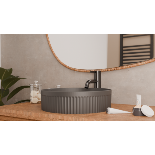 Vasque à poser cannelée BEYOND Ø 40 cm Gris Foncé Mat VASQUE 1 GRIS ANTHRACITE - SANITAIRE - AMBIANCE VUE CÔTÉ Vasque à poser cannelée BEYOND Ø 40 cm Gris Foncé Mat VASQUE 1 GRIS ANTHRACITE - SANITAIRE - AMBIANCE VUE CÔTÉ