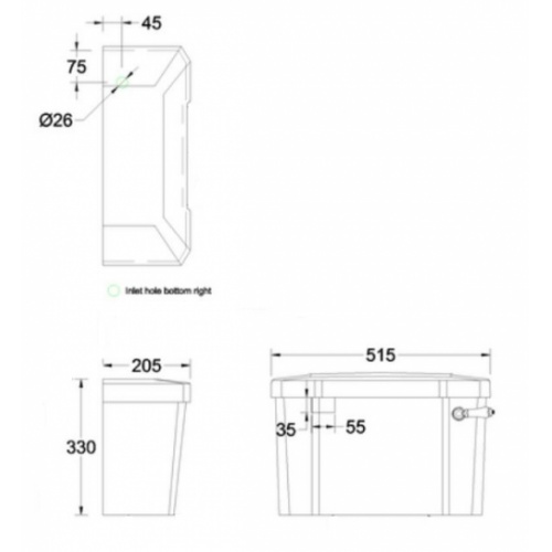 Réservoir WC 510 bas rétro Burlington avec levier chromé/blanc - C1 C1 Schéma Réservoir WC 510 bas rétro Burlington avec levier chromé/blanc - C1 C1 Schéma