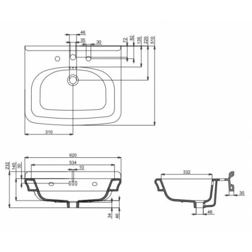 Vasque en céramique rétro GUILD 62cm - 3 Trous de robinetterie Guild 62