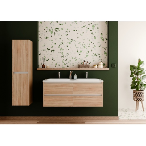 Meuble vasque JUPITER 3.0 Bois Clair 120 cm - Plan Dune - Miroir Reflet Jupiter 120 - Face - Vasque DUNE - Bois clair