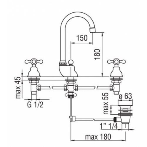 Mélangeur lavabo 3 trous rétro GRAZIA Miele brossé PVD GRC5012 Schéma Mélangeur lavabo 3 trous rétro GRAZIA Miele brossé PVD GRC5012 Schéma