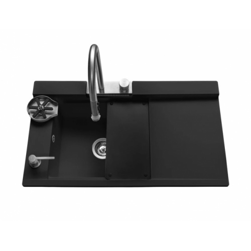 Evier à encastrer de cuisine multifonctions Granit Noir et Chromé - L910 Evier à encastrer de cuisine multifonctions Granit Noir et Chromé - L910