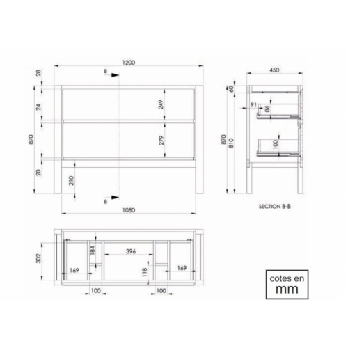 Meuble double vasque Bois massif WOOD 2 tiroirs 120cm Wood 120 Schéma