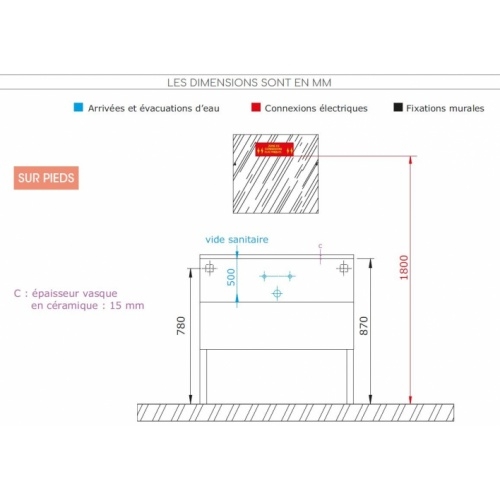 Meuble simple vasque Bois massif WOOD 2 tiroirs 80cm WOOD sur pieds installation