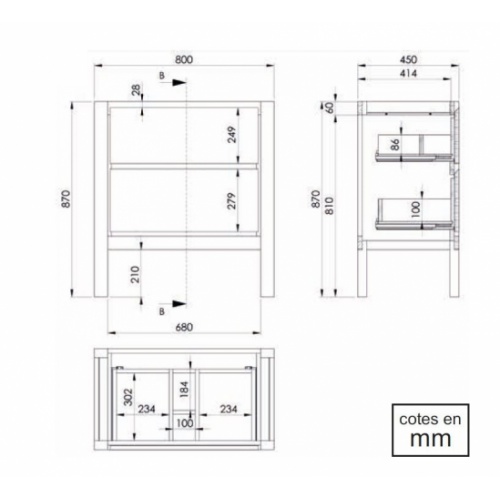 Meuble simple vasque Bois massif WOOD 2 tiroirs 80cm WOOD sur pieds 80 Schéma