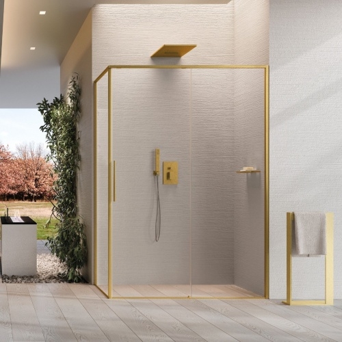 Paroi de douche d'angle coulissante RIGA 2P+F - Or brossé - 99cm - Droite