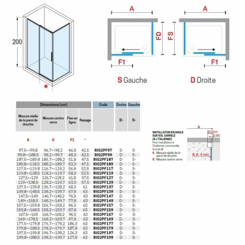 Paroi de douche d'angle coulissante RIGA 2P+F - Or brossé - 99cm - Droite RIGA 2P+F Schéma