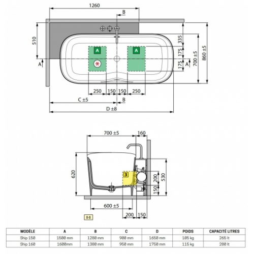 Baignoire SHIP Angle à Gauche avec meuble - 160x70cm - Blanc Mat - Natural Air avec Robinetterie Chromé Ship Angle Gauche Schéma