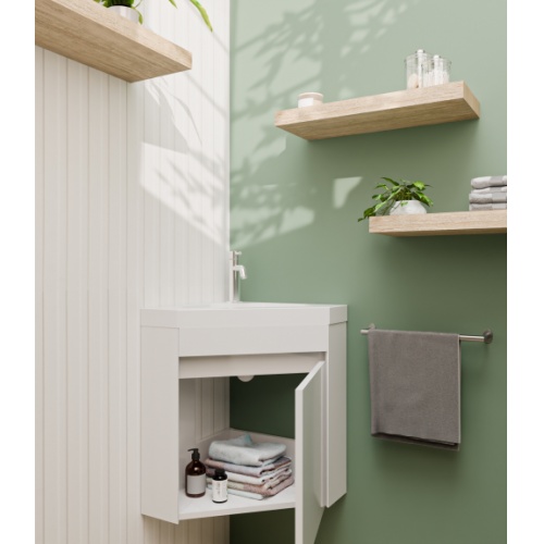 Meuble lave-mains d'angle ANGLEO Blanc Brillant ANGLEO_BLANC_OUVERT DROIT