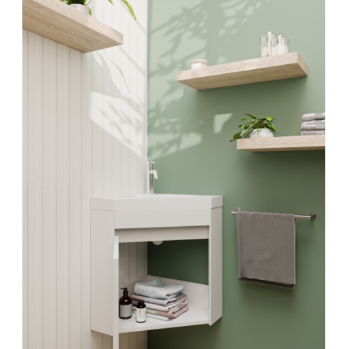 Meuble lave-mains d'angle ANGLEO Blanc Brillant ANGLEO_BLANC_OUVERT GAUCHE