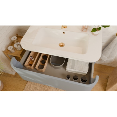 Meuble de salle de bain CURVE 80 cm – Laqué Bleu Azur - Design Galbé CURVE_80 CM_BLEU AZUR_OUVERT