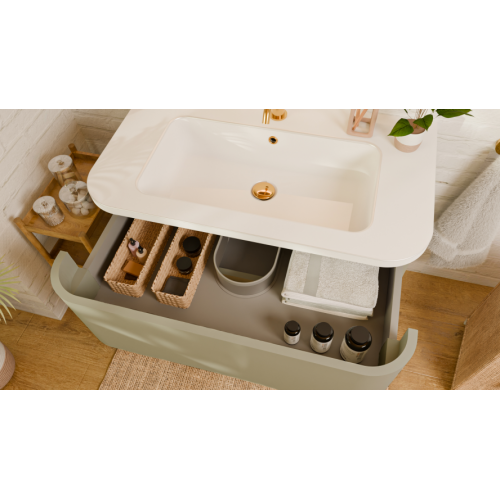 Meuble de salle de bain CURVE 80 cm – Laqué Gris Argile - Design Galbé CURVE_80 CM_GRIS ARGILE_OUVERT