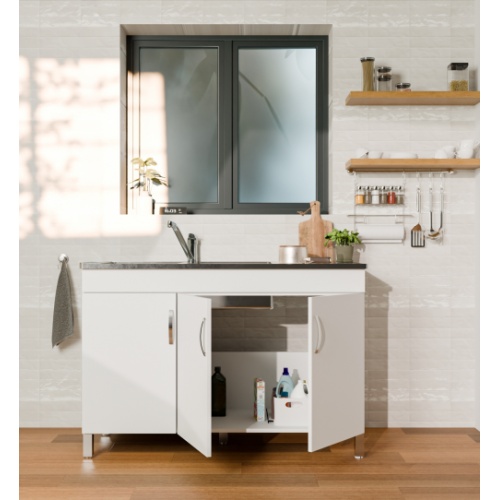 Meuble sous-évier 3 portes BENT Blanc Brillant avec évier BENT_BLANC_OUVERT