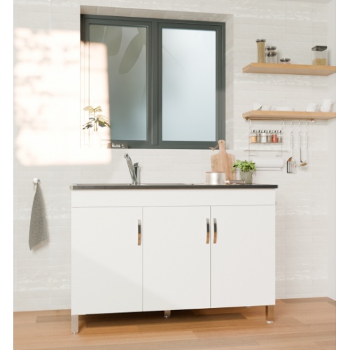 Meuble sous-évier 3 portes BENT Blanc Brillant avec évier BENT_BLANC_PENCHE