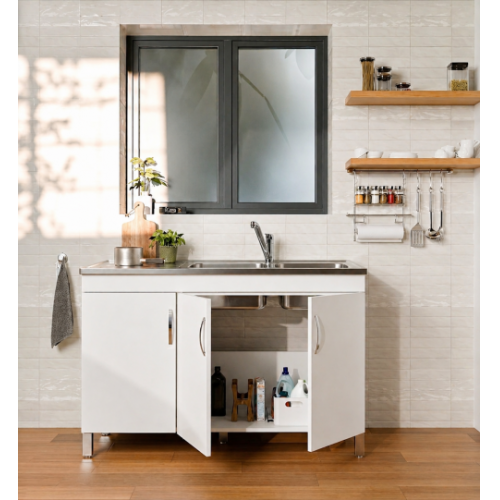 Meuble sous-évier 3 portes BENT Blanc Brillant avec évier