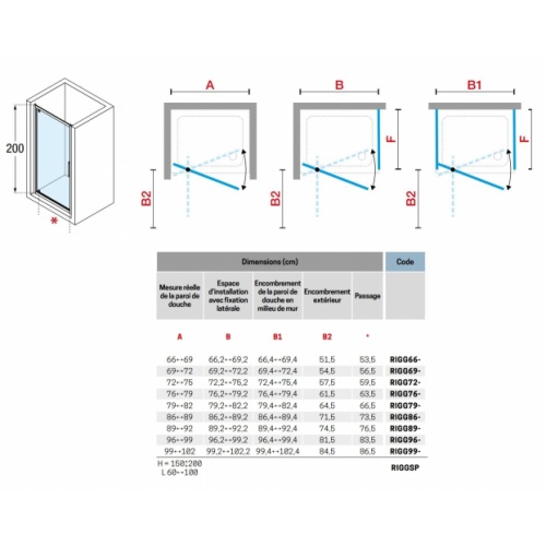 Paroi de douche 1 porte pivotante RIGA G Bronze brossé - 99cm RIGA G Schéma