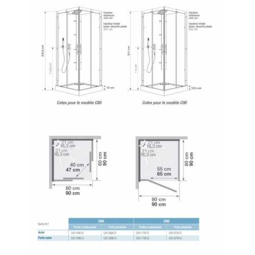 Cabine de douche HORIZON C angle carrée - 80x80cm - Acier - Porte pivotante HOARIZON C angle