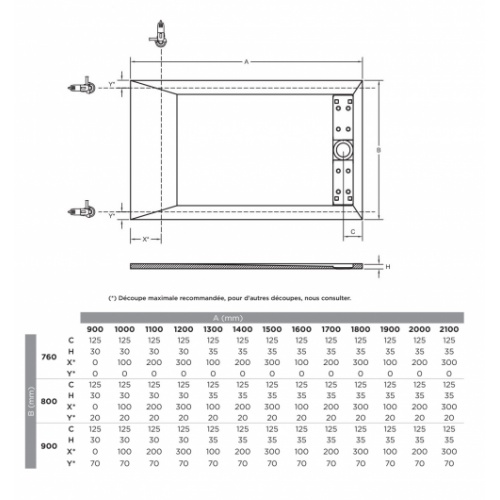 Receveur de douche ardoise Gris 80x160cm SELECT SELECT Schéma