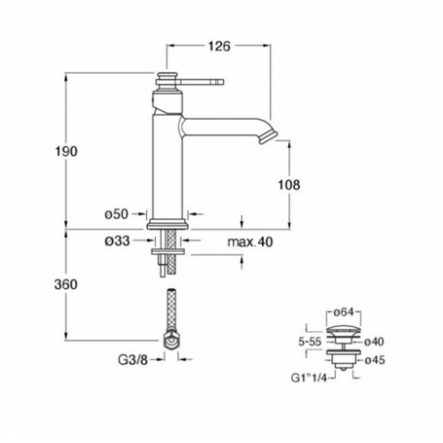 Mitigeur de lavabo chromé H190 FARO vidage clic-clac FA22051_Schéma Mitigeur de lavabo chromé H190 FARO vidage clic-clac FA22051_Schéma