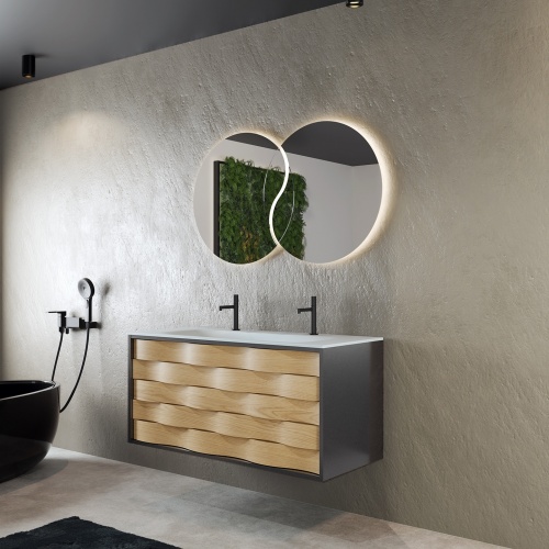 Meuble ondulé Chêne naturel et Anthracite 120 CASCADE - Plan Solid Surface