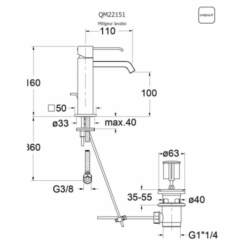 Mitigeur lavabo bec cascade QUADRI avec vidage tirette QM22151 cotes