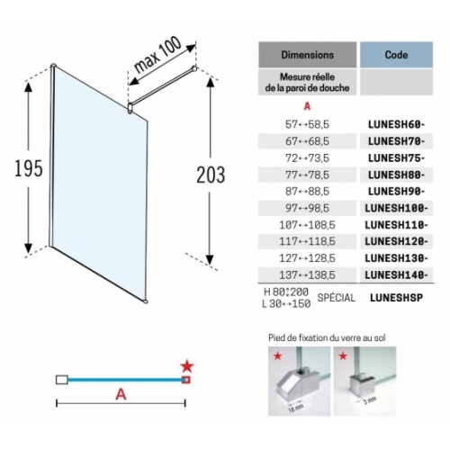 Paroi de douche fixe Lunes H 120 cm - Transparent - Silver LUNES H Schéma