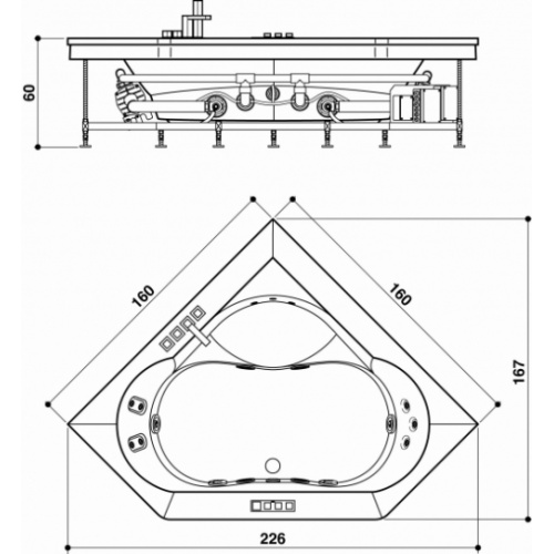 Baignoire d'angle AURA PLUS CORNER 160x160 tablier bois JACUZZI Aurapluscorner schema