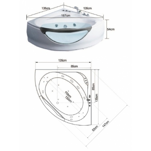 Baignoire d'angle balnéo CARAIBES 135x135cm Bora bora cote